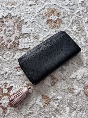 Fossil Black Pebbled Zip Wallet with Pink Tassel Accent